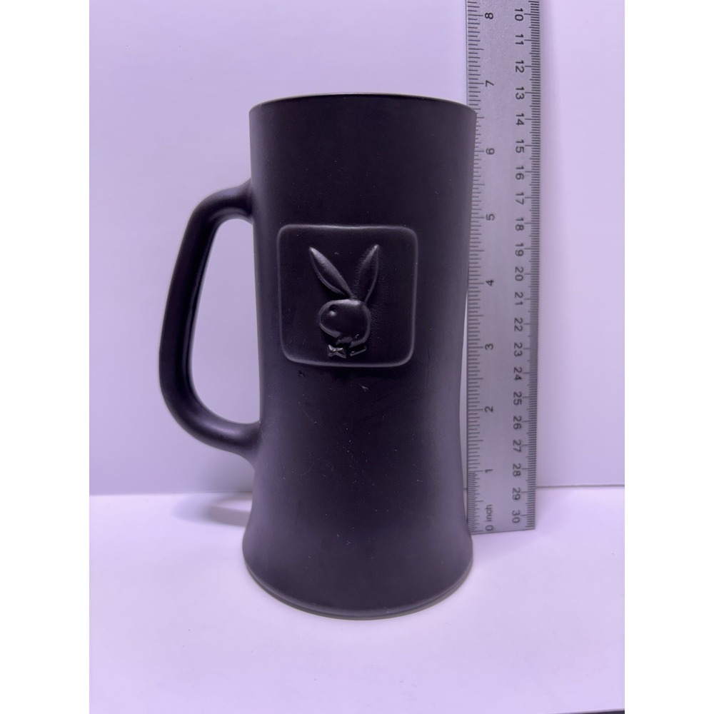 Vintage Playboy Club Beer Stein Mug Embossed Bunny Logo 1970s Black Glass Retro